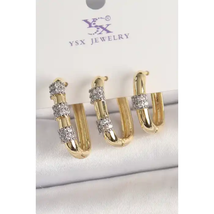 Pirinç Gold Renk 3Lü Halka Model Gümüş Zirkon Taş Detaylı Kadın Kombin Küpe