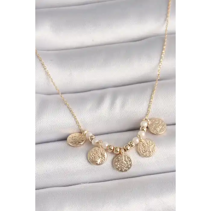 Pirinç Gold Renk 5Li Osmanlı Tuğra Figür İnci Detay Kadın Kolye