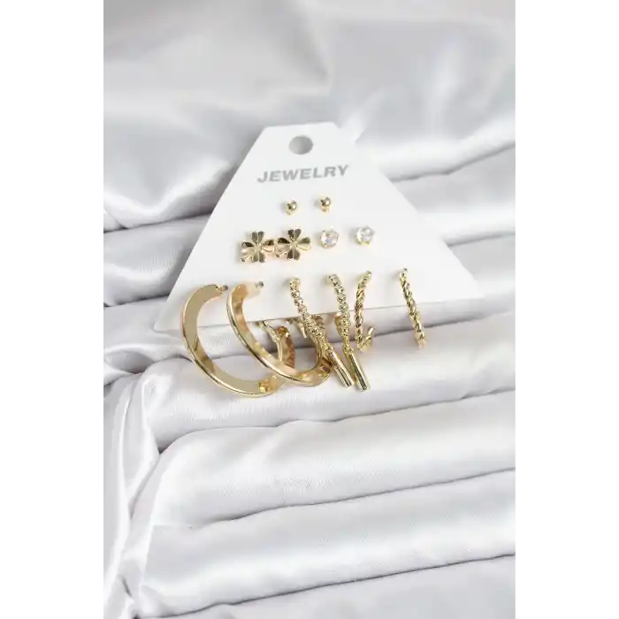 Pirinç Gold Renk 6 Çift Kadın Küpe Seti