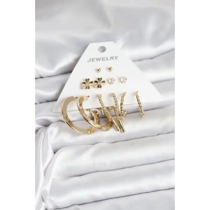 Pirinç Gold Renk 6 Çift Kadın Küpe Seti