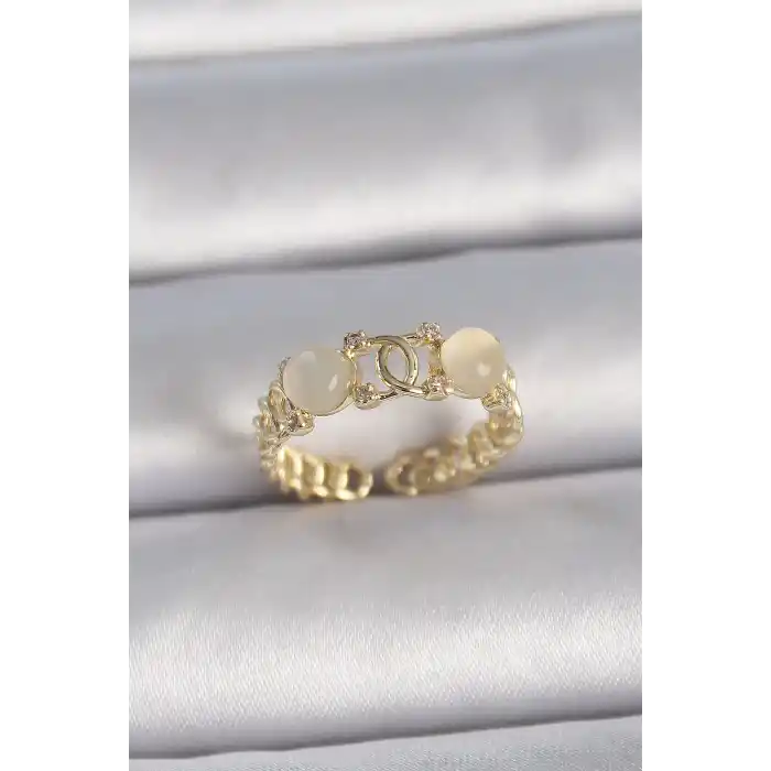 Pirinç Gold Renk Ayarlanabilir Zirkon Taşlı Beyaz Mineli Birleşik Halka Model Kadın Yüzük
