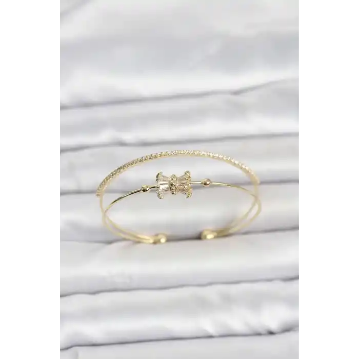 Pirinç Gold Renk Baget Zirkon Taşlı Objeli Kadın Bileklik