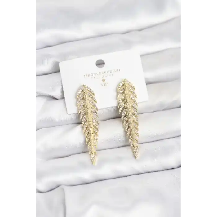 Pirinç Gold Renk Balık Sırtı Model Zirkon Taşlı Kadın Küpe