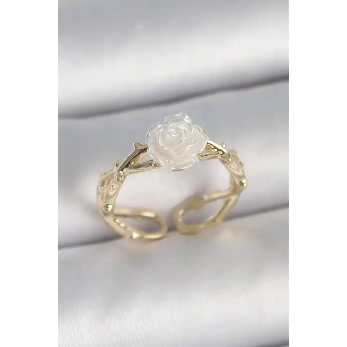 Pirinç Gold Renk Beyaz Gül Model Ayarlanabilir Kadın Yüzük