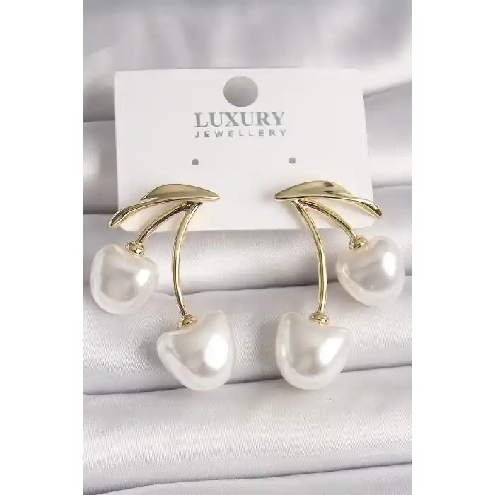 Pirinç Gold Renk Beyaz İnci Kiraz Model Kadın Küpe