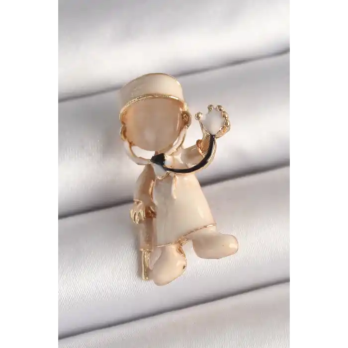 Pirinç Gold Renk Beyaz Mineli Doktor Model Kadın Broş