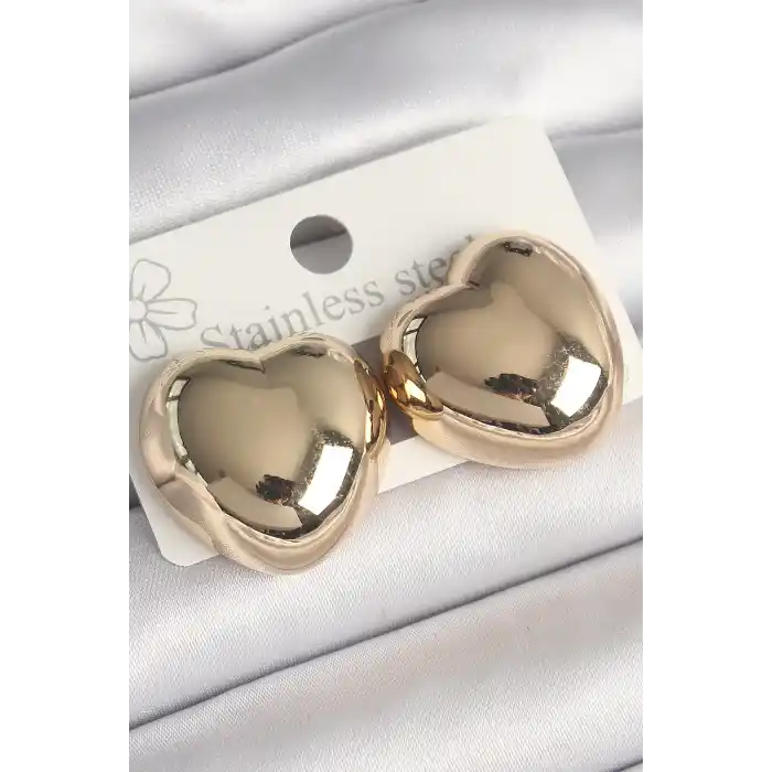 Pirinç Gold Renk Bombe Kalp Model Kadın Küpe