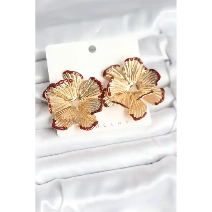Pirinç Gold Renk Bordo Renk Detaylı Lotus Kadın Küpe