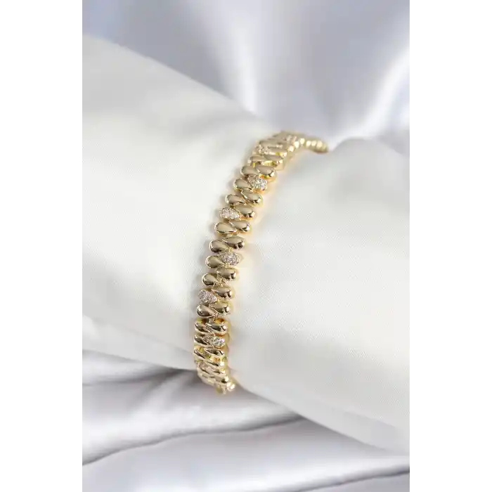 Pirinç Gold Renk Damla Model Zirkon Taşlı Kadın Bileklik