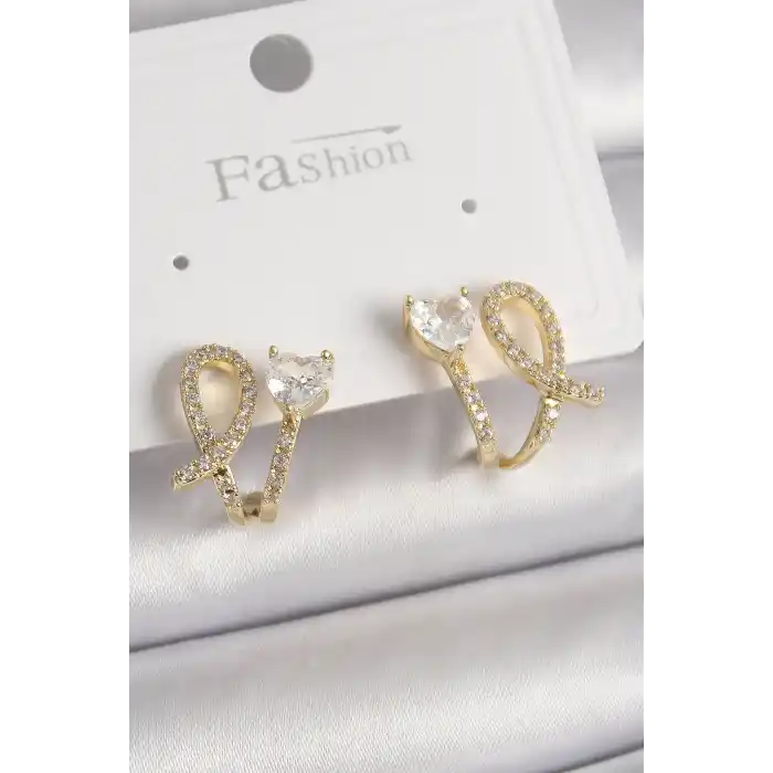 Pirinç Gold Renk Düğüm Model Zirkon Taşlı Kalp Detay Kadın Küpe