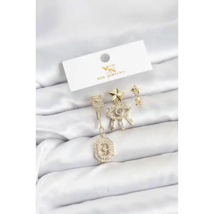 Pirinç Gold Renk Göz ve Kutup Yıldızı Model YSX Trio Küpe Seti