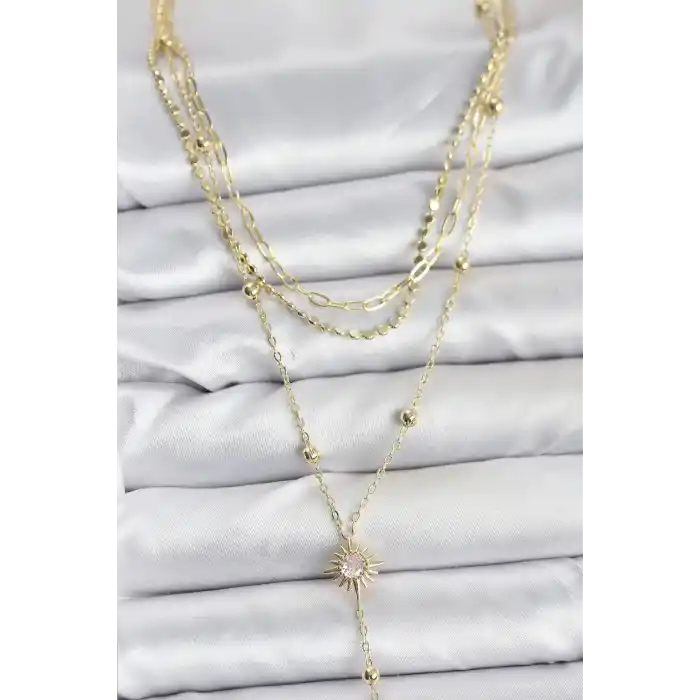Pirinç Gold Renk Güneş Model Detaylı 3lü Kombin Y Kadın Kolye