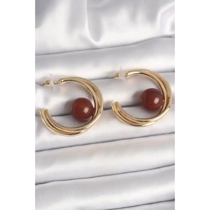Pirinç Gold Renk Halka Model Kahverengi Boncuk Detay Kadın Küpe