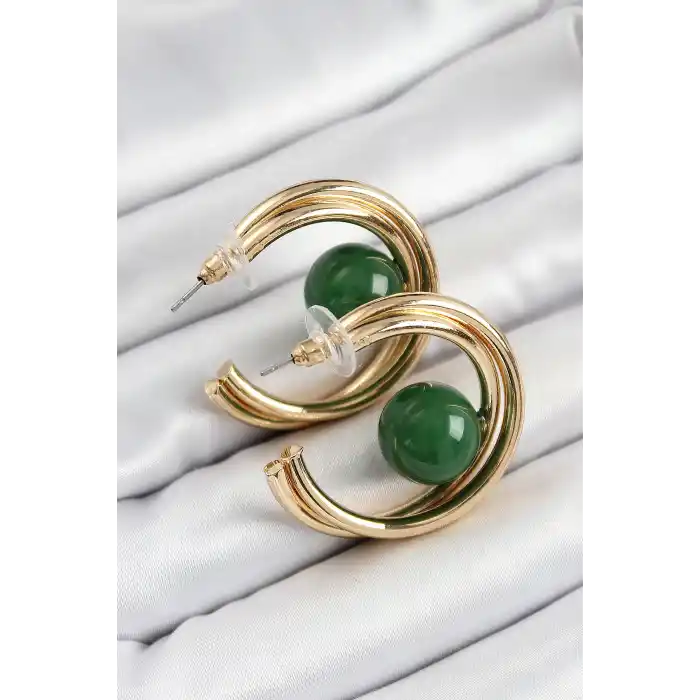 Pirinç Gold Renk Halka Model Yeşil Boncuk Detay Kadın Küpe