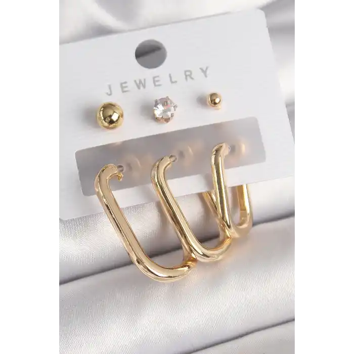 Pirinç Gold Renk Halka Model Zirkon Taş Topçuk Detay Kadın Küpe Seti