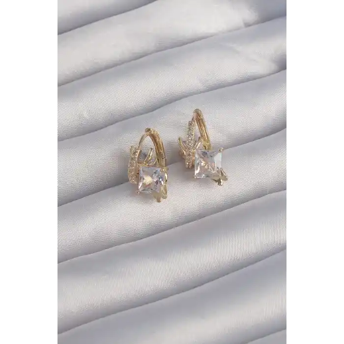 Pirinç Gold Renk İri Zirkon Taşlı Kıvrımlı Minimal Kelebekli Halka Küpe