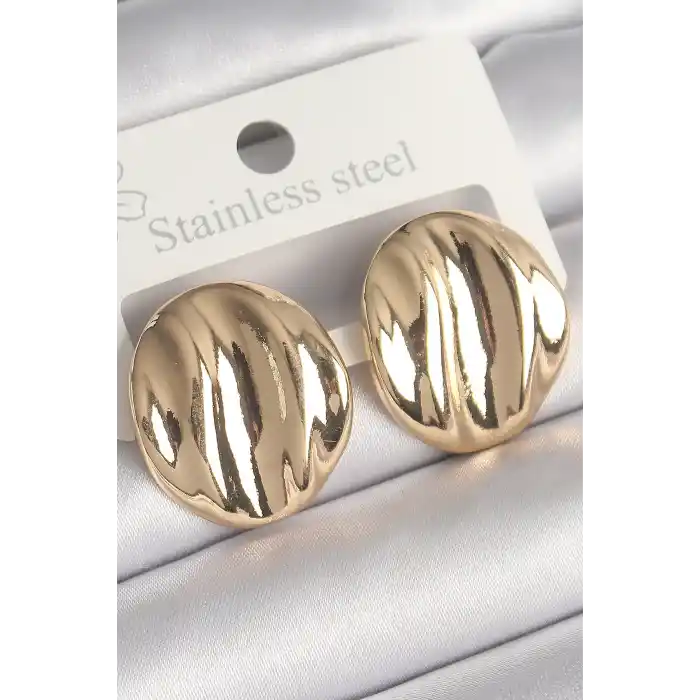 Pirinç Gold Renk İşlemeli Daire Plaka Model Kadın Küpe