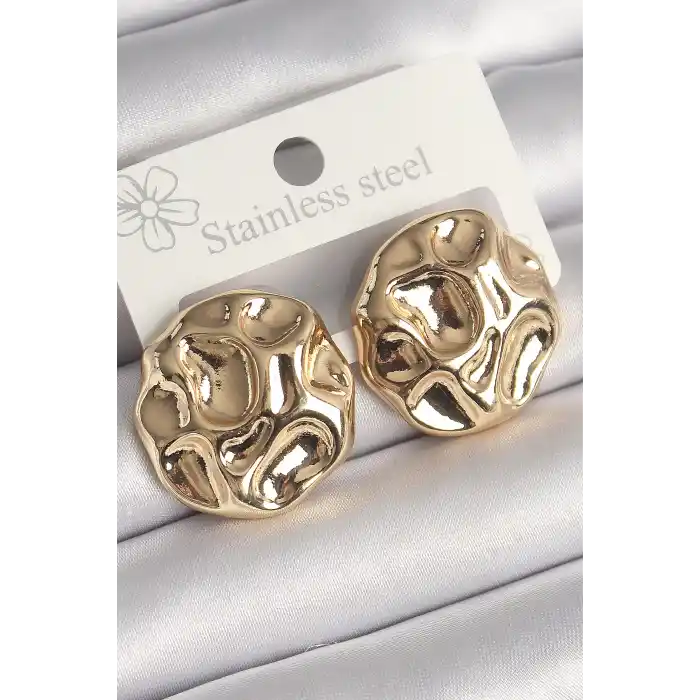 Pirinç Gold Renk İşlemeli Daire Plaka Model Kadın Küpe