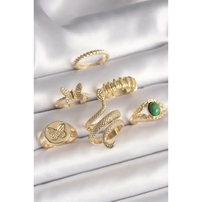 Pirinç Gold Renk İşlemeli Yılan Model Kelebek Detay 6Lı Kadın Yüzük Seti