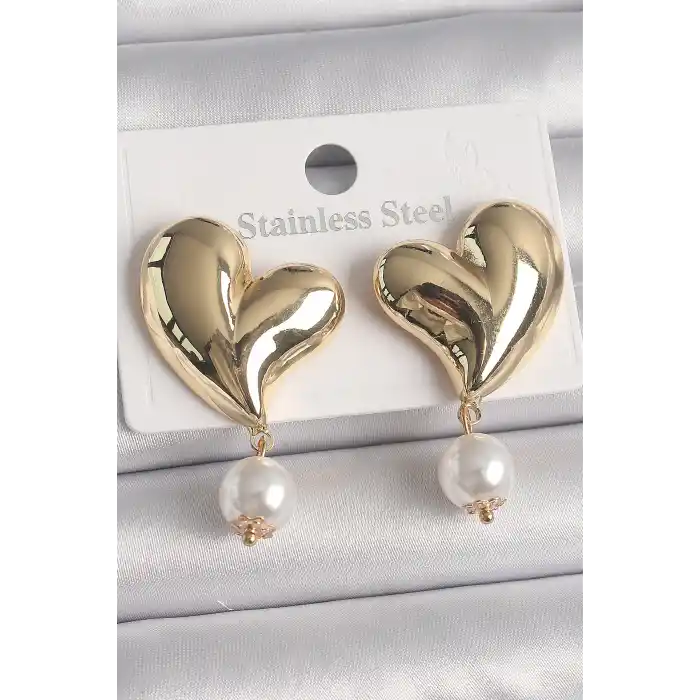 Pirinç Gold Renk Kalp Model Sallantı İnci Detay Kadın Küpe