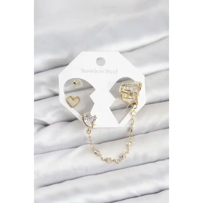 Pirinç Gold Renk Kalp Model Zincir Bağlantılı Ear Cuff Küpe Seti