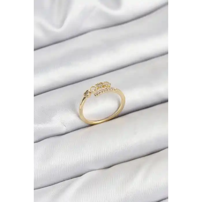 Pirinç Gold Renk Kalpli Detaylı Zirkon Taşlı Kadın Yüzük