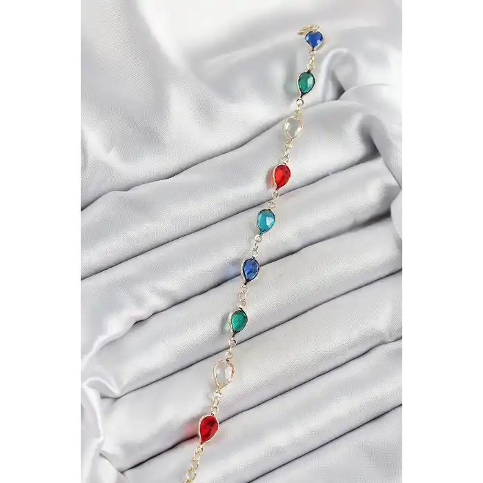 Pirinç Gold Renk Karışık Renk Damla Zirkon Taşlı Kadın Bileklik