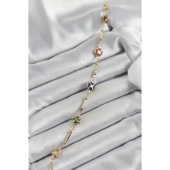 Pirinç Gold Renk Karışık Renk Yonca Zirkon Taşlı Kadın Bileklik