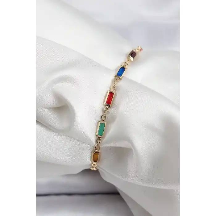Pirinç Gold Renk Karışık Renkli Kare Zirkon Taşlı Kadın Bileklik