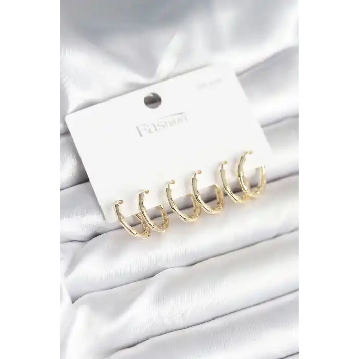 Pirinç Gold Renk Kemik Halka Model 925 Ayar Gümüş Çivili Kadın Küpe Seti
