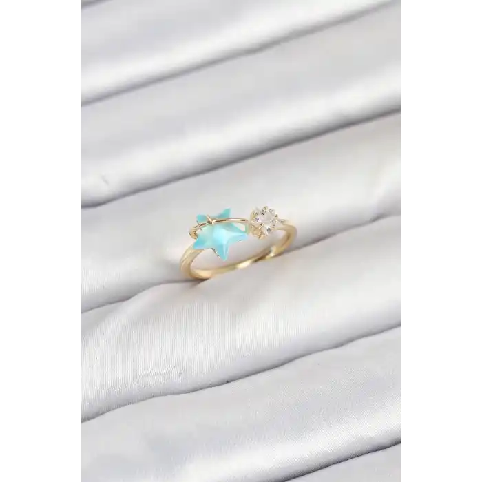 Pirinç Gold Renk Mavi Yıldızlı Model Kadın Yüzük