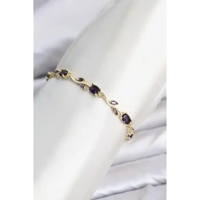 Pirinç Gold Renk Mor Zirkon Taşlı Çiçek Model Kadın Bileklik
