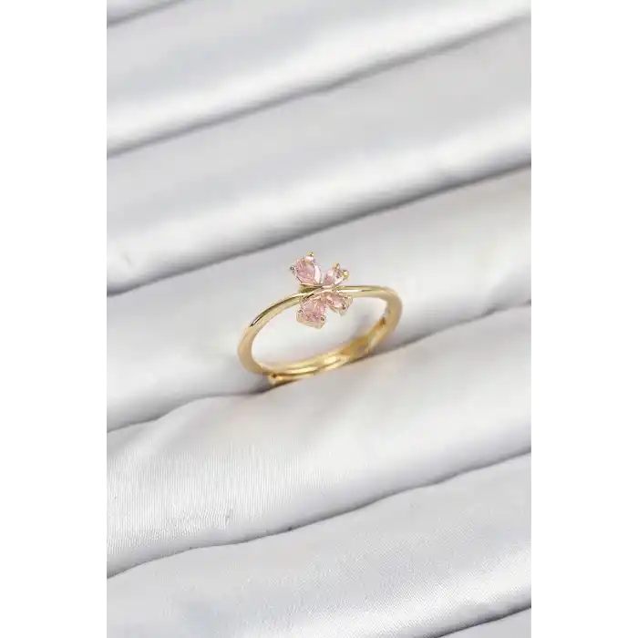 Pirinç Gold Renk Pembe Kelebek Kadın Yüzük