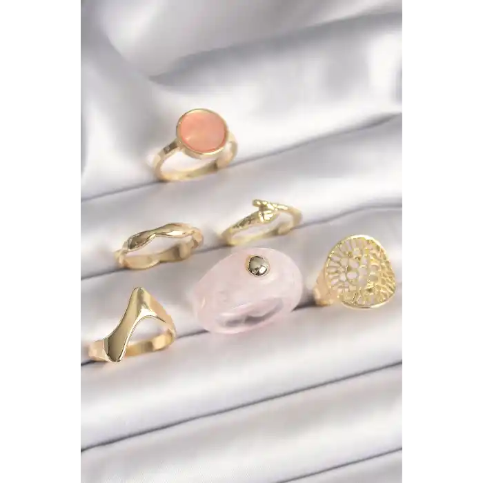 Pirinç Gold Renk Pembe Plastik Yüzük Model Daire Pembe Mine Yılan Detay 6Lı Kadın Yüzük Seti