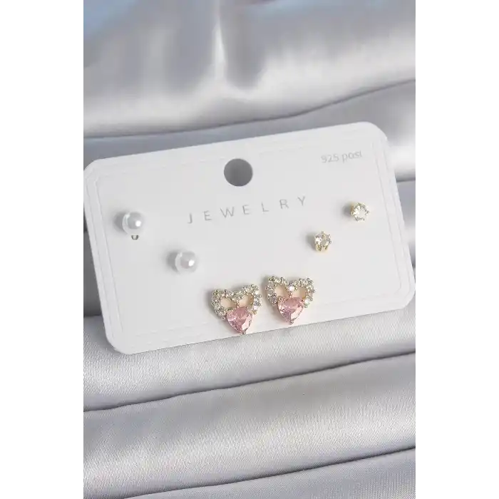 Pirinç Gold Renk Pembe Zirkon Taşlı Kalp Model İnci Detay 925 Ayar Kadın Küpe Seti