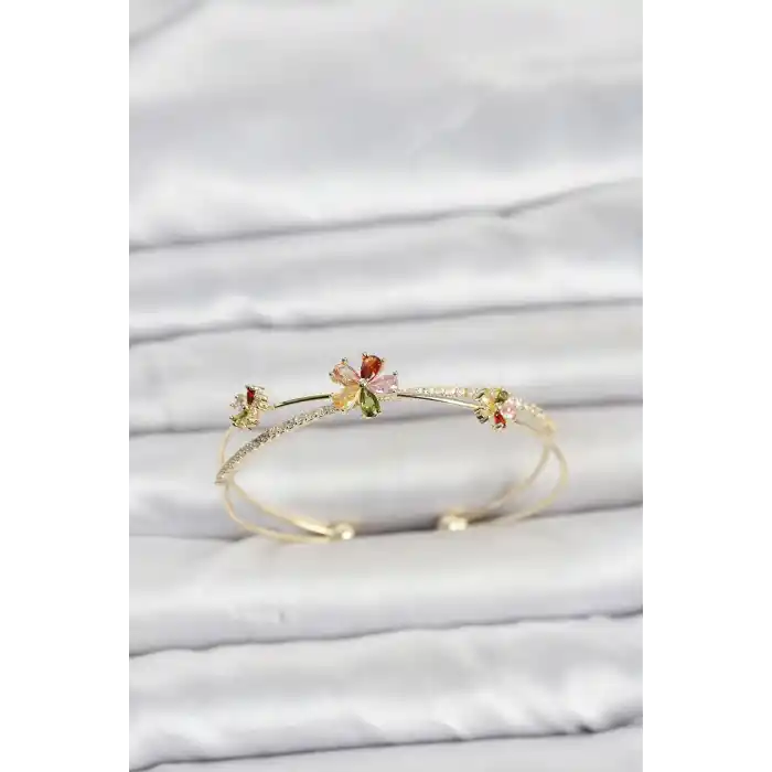 Pirinç Gold Renk Renkli Çiçek Model Kadın Bileklik