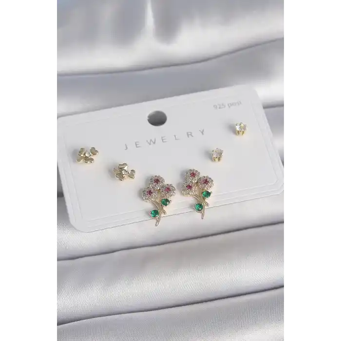 Pirinç Gold Renk Renkli Zirkon Taşlı Çiçek Model Yaprak Detay 925 Ayar Gümüş Çivi Kadın Küpe Seti