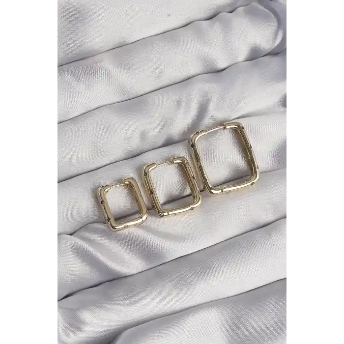 Pirinç Gold Renk Renkli Zirkon Taşlı Kare Model Küpe Seti