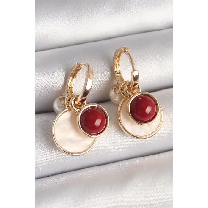 Pirinç Gold Renk Sallantı Beyaz Mineli Bordo Detay Kadın Küpe