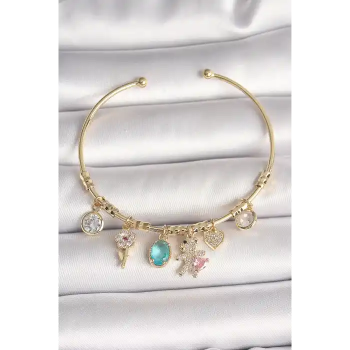 Pirinç Gold Renk Sallantı Zirkon Taşlı AYıcık Figür Kalp Detay Charm Kadın Bileklik