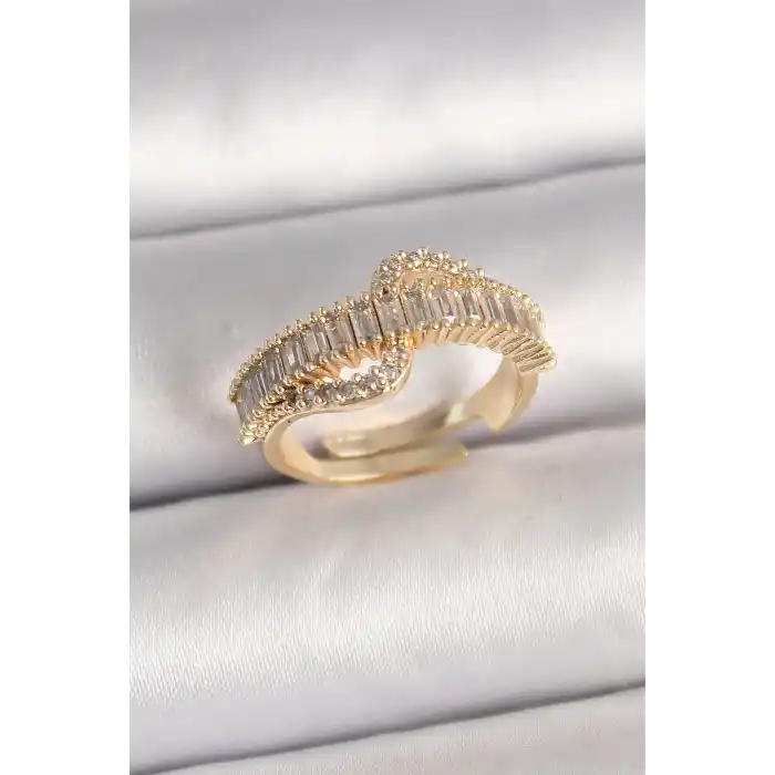 Pirinç Gold Renk Su Yolu Zirkon Taşlı Ayarlanabilir Model Kadın Yüzük