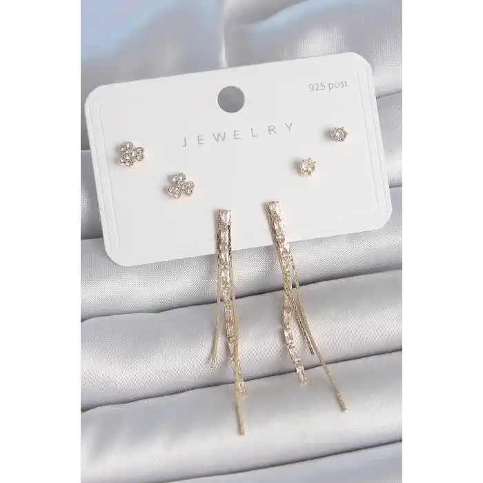 Pirinç Gold Renk Su Yolu Zirkon Taşlı Sallantı Model Çiçek Detay 925 Ayar Gümüş Çivi Kadın Küpe Seti