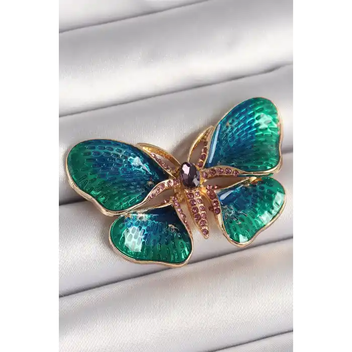 Pirinç Gold Renk Turquaz Model Zirkon Taş Detaylı Kelebek Model Kadın Broş