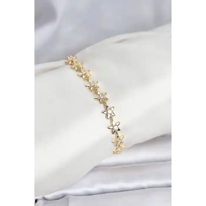 Pirinç Gold Renk VIP Seri Sıralı Taşlı Yıldız Model Zirkon Taşlı Kadın Bileklik