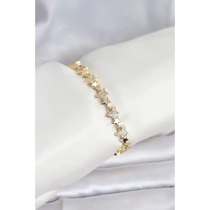 Pirinç Gold Renk VIP Seri Yıldız Model Zirkon Taşlı Kadın Bileklik
