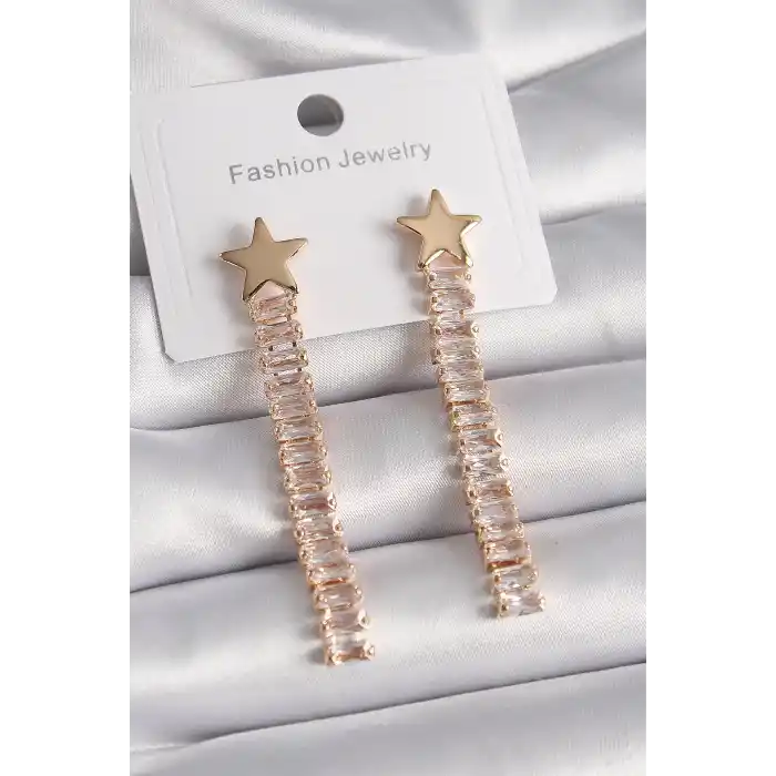 Pirinç Gold Renk Yıldız Model Su Yolu Zirkon Taşlı Kadın Küpe