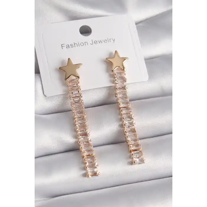 Pirinç Gold Renk Yıldız Model Su Yolu Zirkon Taşlı Kadın Küpe