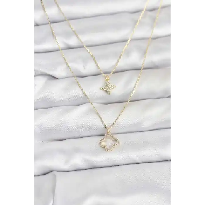 Pirinç Gold Renk Yonca Model 2li Kadın Kolye
