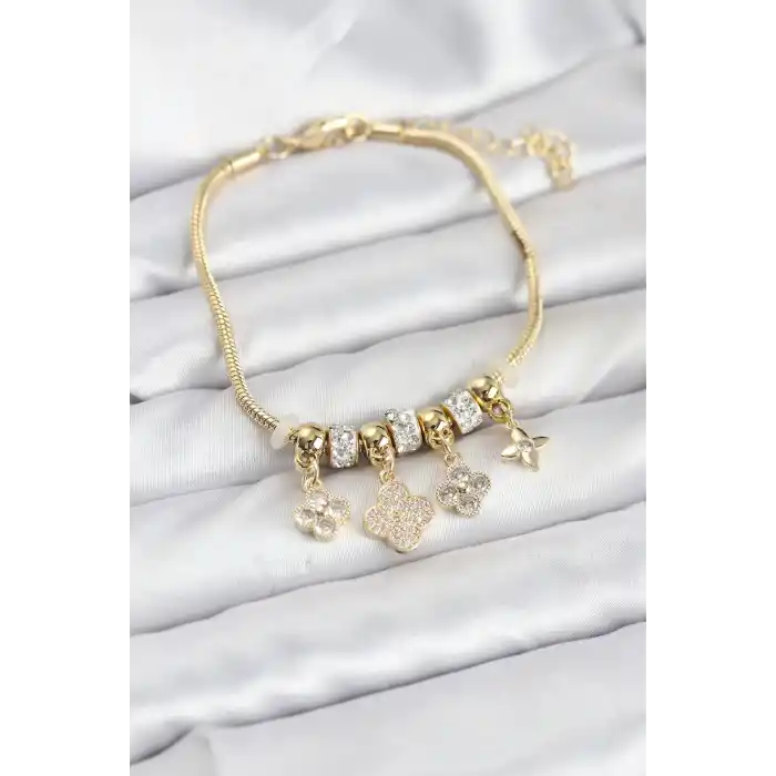 Pirinç Gold Renk Yonca Model Kadın Bileklik