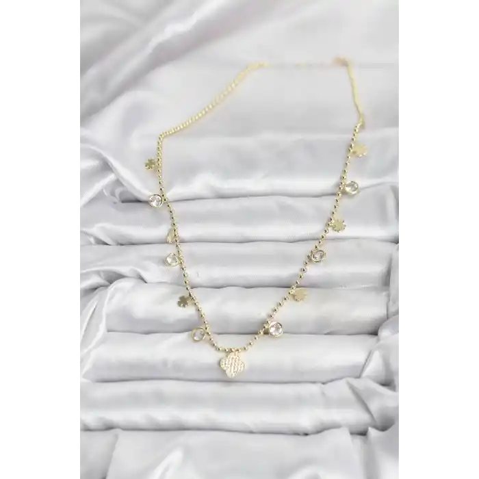 Pirinç Gold Renk Yonca Model Kadın Kolye